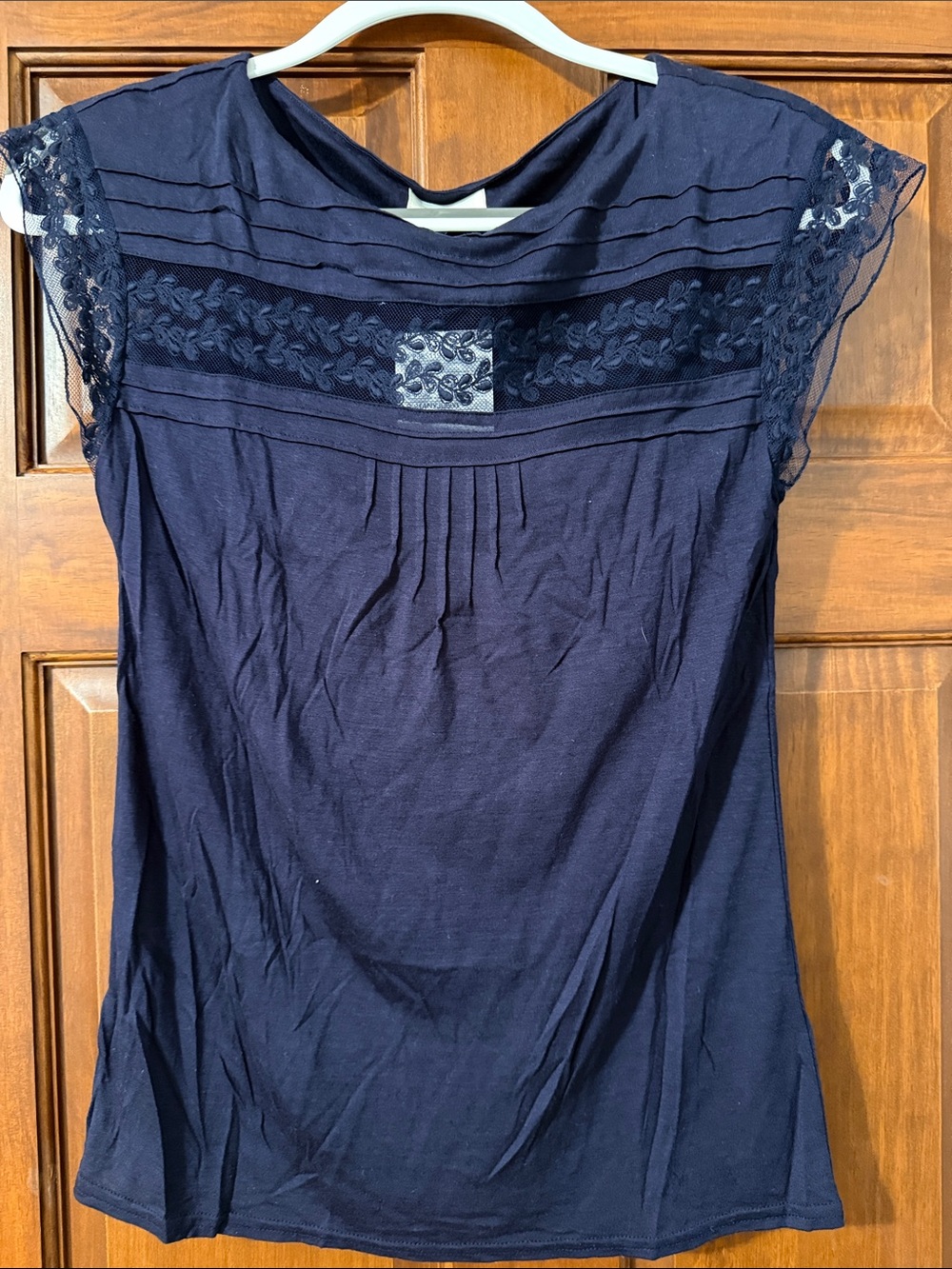 Deletta Navy Lace Yoke Cap Sleeve Top